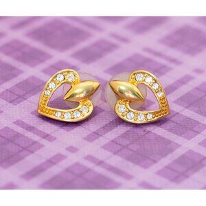 Vintage Dainty Gold Tone Heart Rhinestone Stud Earrings by Avon - V15